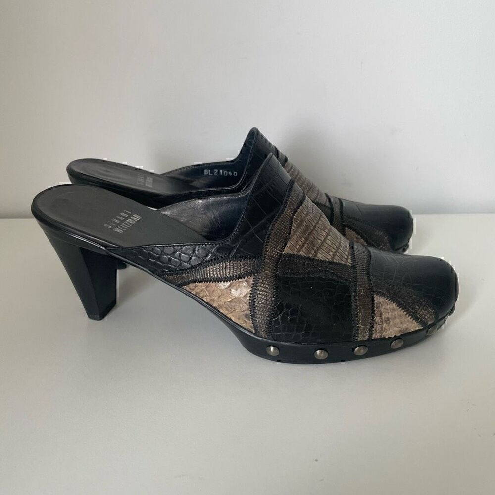Stuart Weitzman Mules Heels Black Leather Patchwork Size 8.5 Studded Slip On